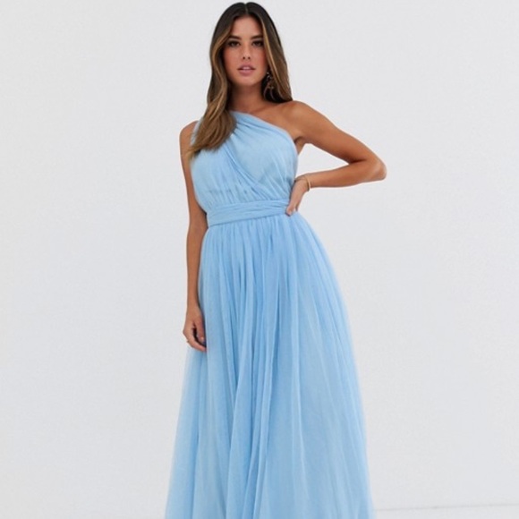 one shoulder tulle maxi dress